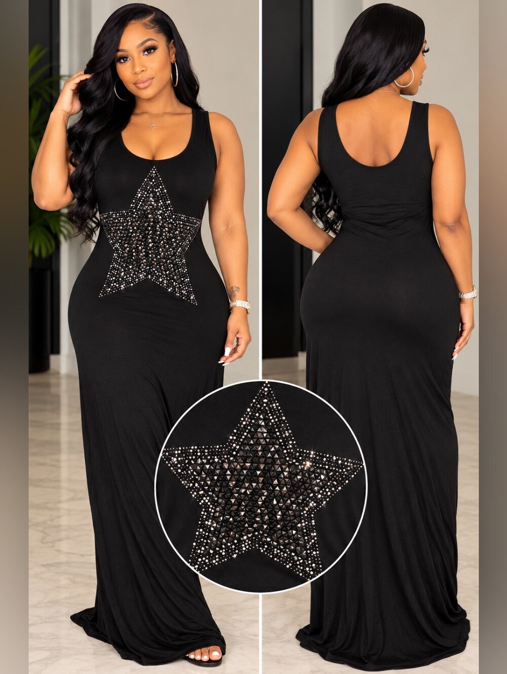 Guess Black Maxi Dress with Star Stud Embellishment